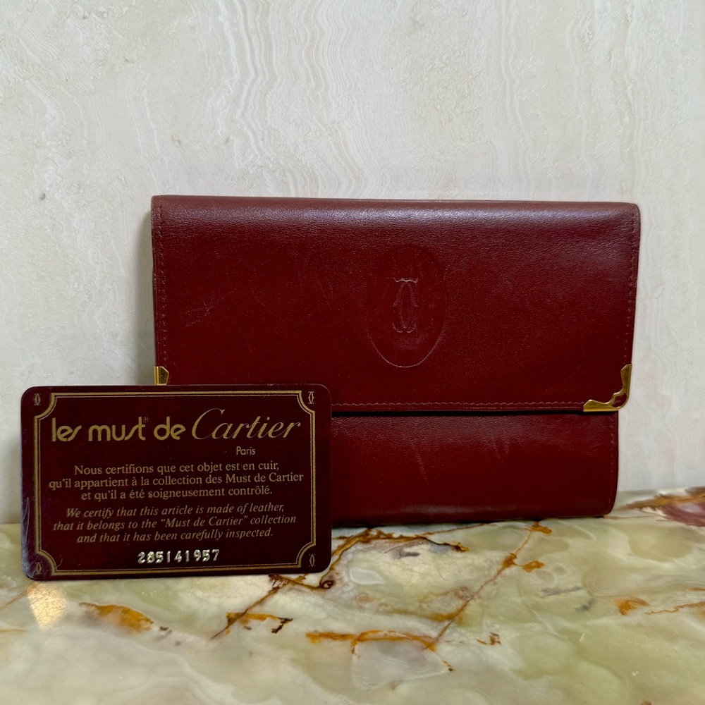 Vintage Must De Cartier  Leather Frame Purse Trifold Wallet